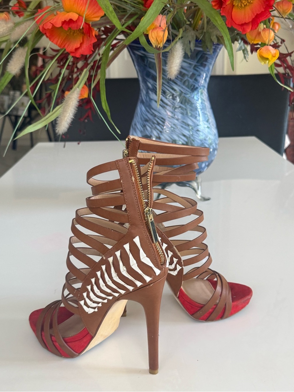 bebe Brown Strappy High Heel Sandals with Red Toe - Picture 2 of 2